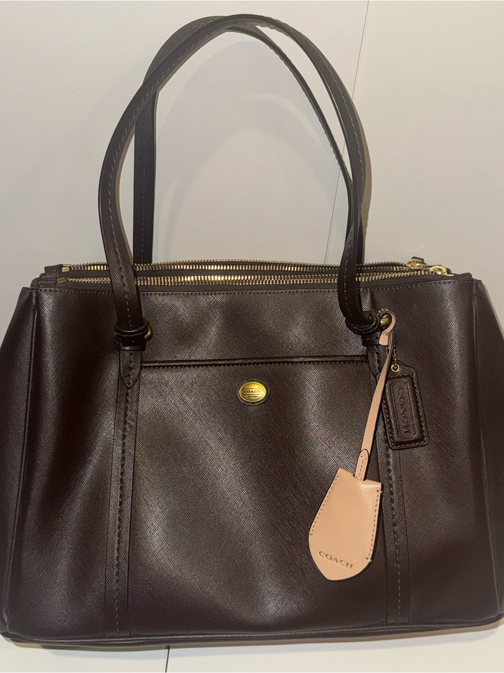 Coach Dark Brown Leather Shoulder Tote with Pink Tag